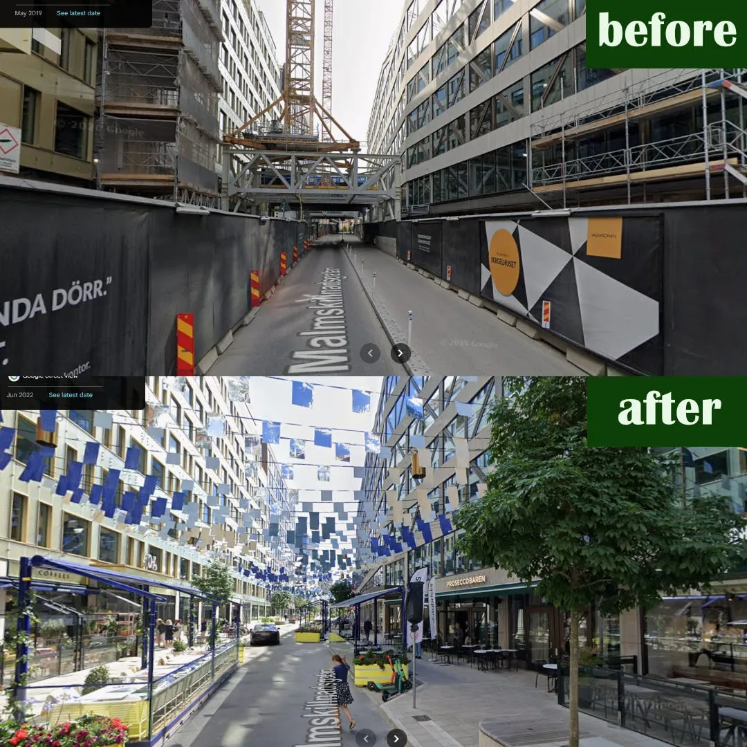 Före och efter på Malmskillnadsgatan i Google Street View: i maj 2019 en byggarbetsplats med lyftkran, byggnadsställningar och plank; i juni 2022 nya kontorshus med vimplar över gatan, uteserveringar, planteringar och ett ungt träd.