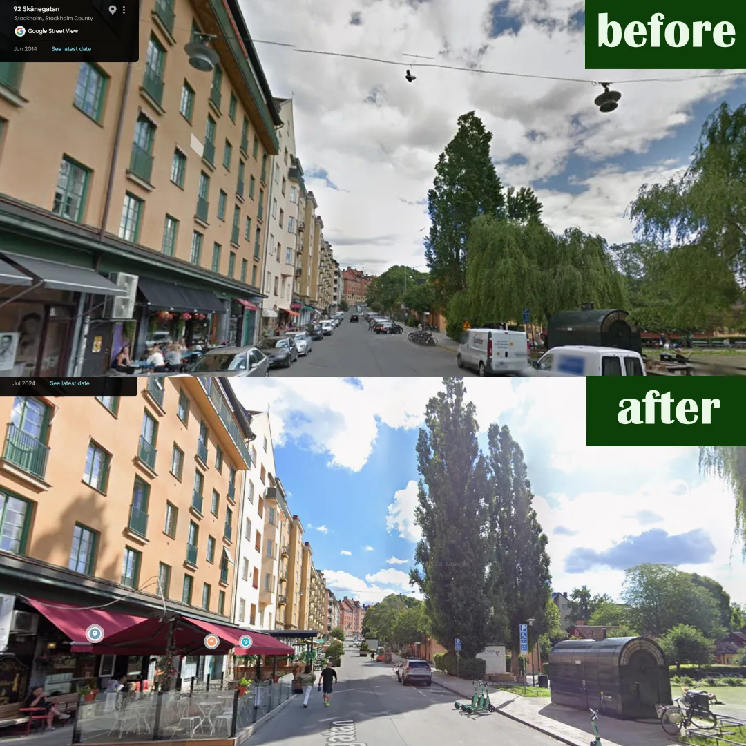 Före och efter på Skånegatan vid Nytorget: Google Street View från 2014 med parkerade bilar och skåpbilar längs parken överst och från 2024 med uteserveringar, gående och en enda bil nederst.
