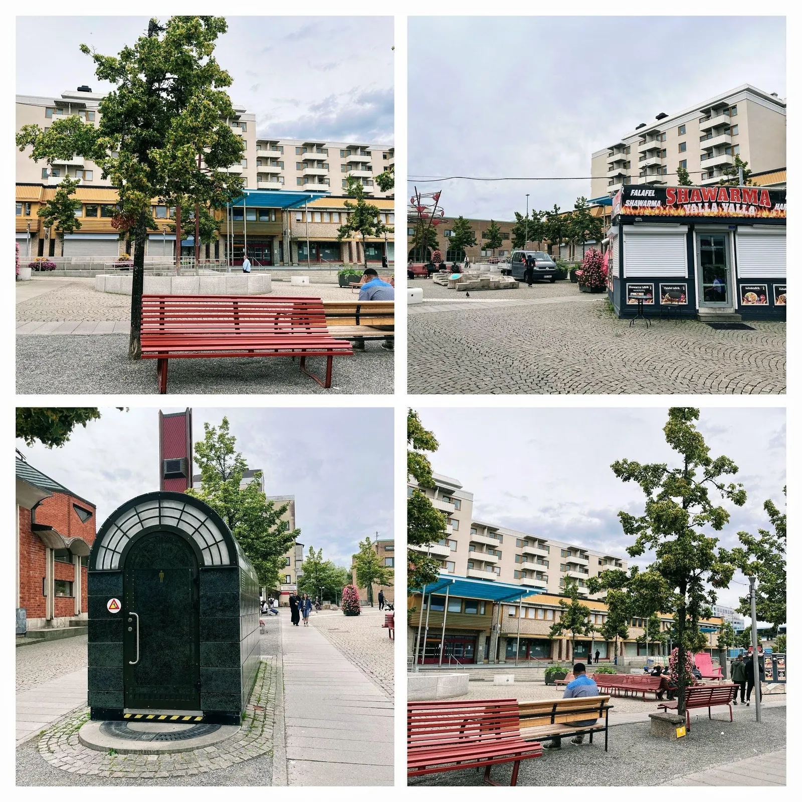 Fyra bilder från Kista torg under grå himmel: röda bänkar med en ensam man, en stängd shawarmakiosk med nedfällda jalusier, en svart offentlig toalett och det mestadels tomma torget med några bänkar.