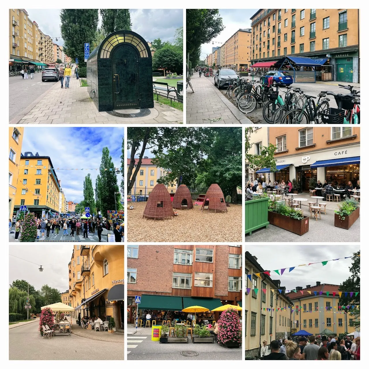 Åtta bilder från Nytorgsområdet: en utsmyckad offentlig toalett, cykelparkering, en fullsatt Skånegata under vimplar, lekstugor i korgflätning, kaféer med planteringar, hörnet vid Nytorget 6 och en gatufest under flaggspel.