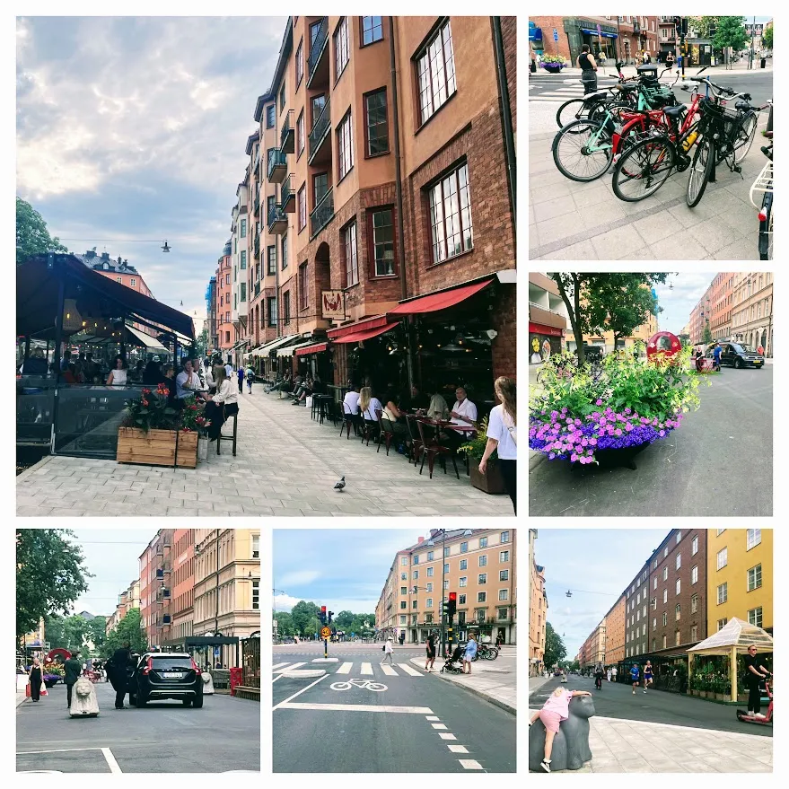 Sex bilder från Rörstrandsgatan: fullsatta uteserveringar längs tegelfasaderna, cykelparkering, blomsterurnor och människor som strosar i gatan.